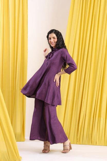 Purple Solid Tie-Up Neck Russian Silk Co-ord Set