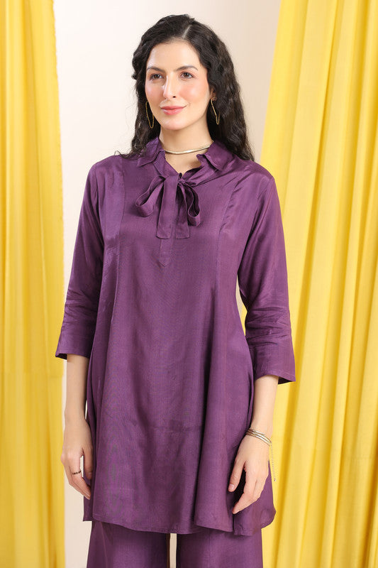 Purple Solid Tie-Up Neck Russian Silk Co-ord Set