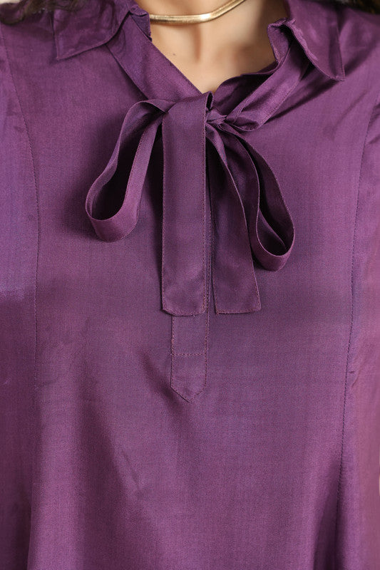 Purple Solid Tie-Up Neck Russian Silk Co-ord Set
