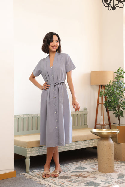 Mist Grey Button-Down Cotton Dress