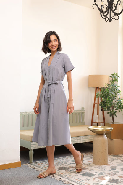 Mist Grey Button-Down Cotton Dress