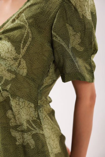 Olive Green Floral Silk Sundress