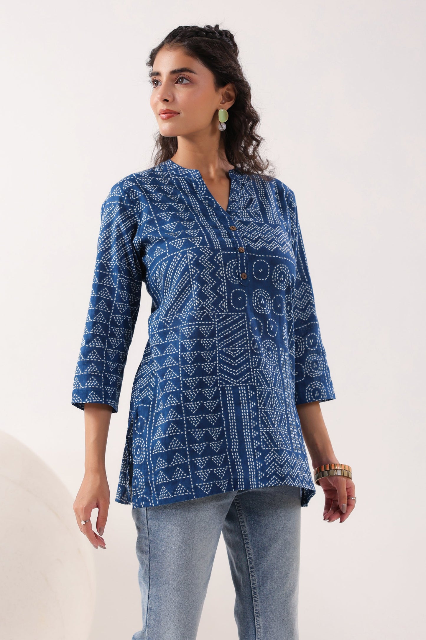 Tribal Echo Printed Blue Cotton Top