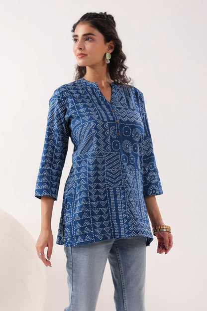 Tribal Echo Printed Blue Cotton Top
