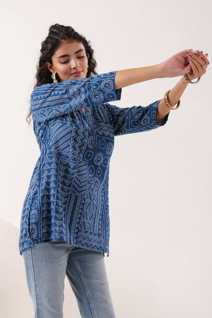 Tribal Echo Printed Blue Cotton Top