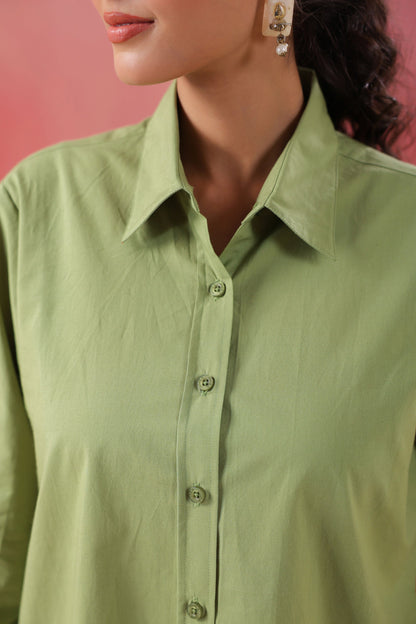 Pastel Meadow Long Sleeve Green Poplin Shirt