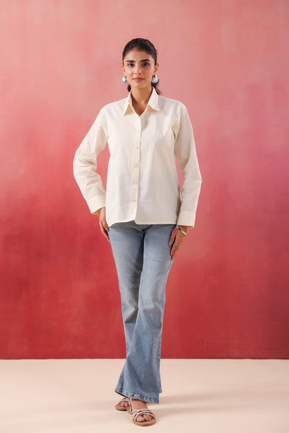 Ivory Glow Collared Off- White Poplin Shirt