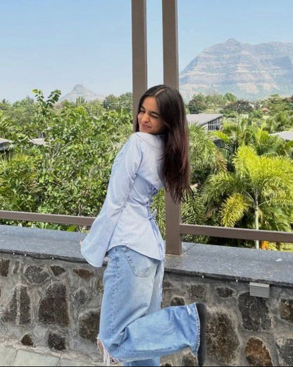 Sky PineStripe Flare Corset Fitted Shirt