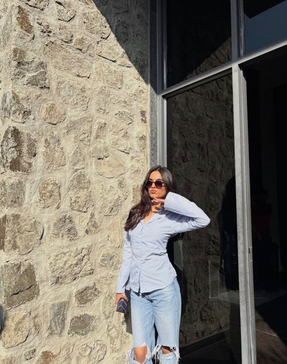 Sky PineStripe Flare Corset Fitted Shirt