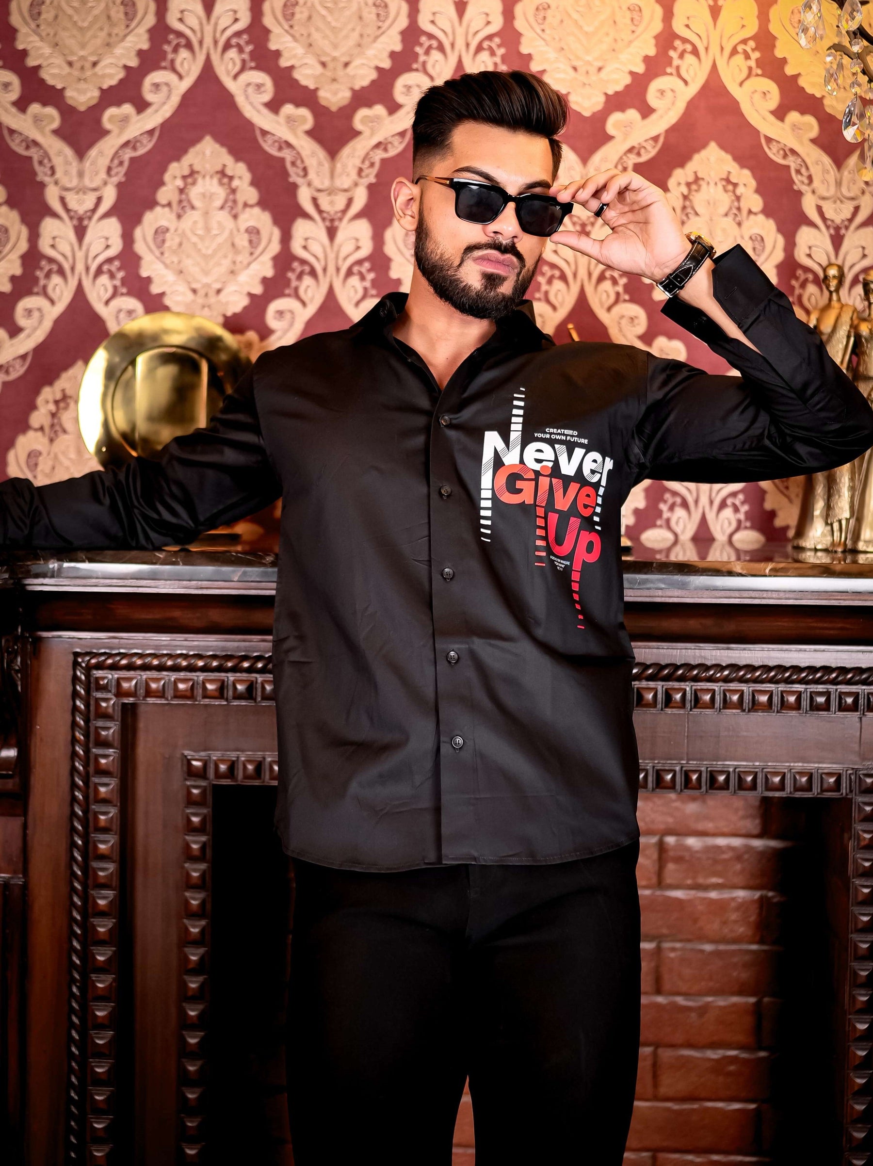 Never Give Up Black Club Wear Printed Satin Cotton Shirt