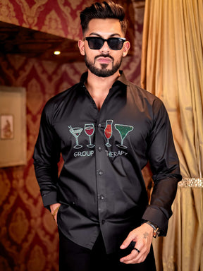 Black Club Wear Starry Beaded Satin Cotton Premium Party Shirt