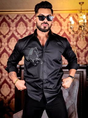 Black Horse Starry Beaded Satin Cotton Premium Party Shirt