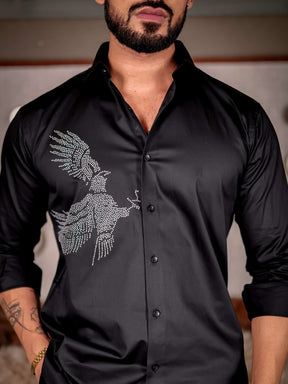 Black Eagle Club Wear Starry Beaded Satin Cotton Premium Party Shirt