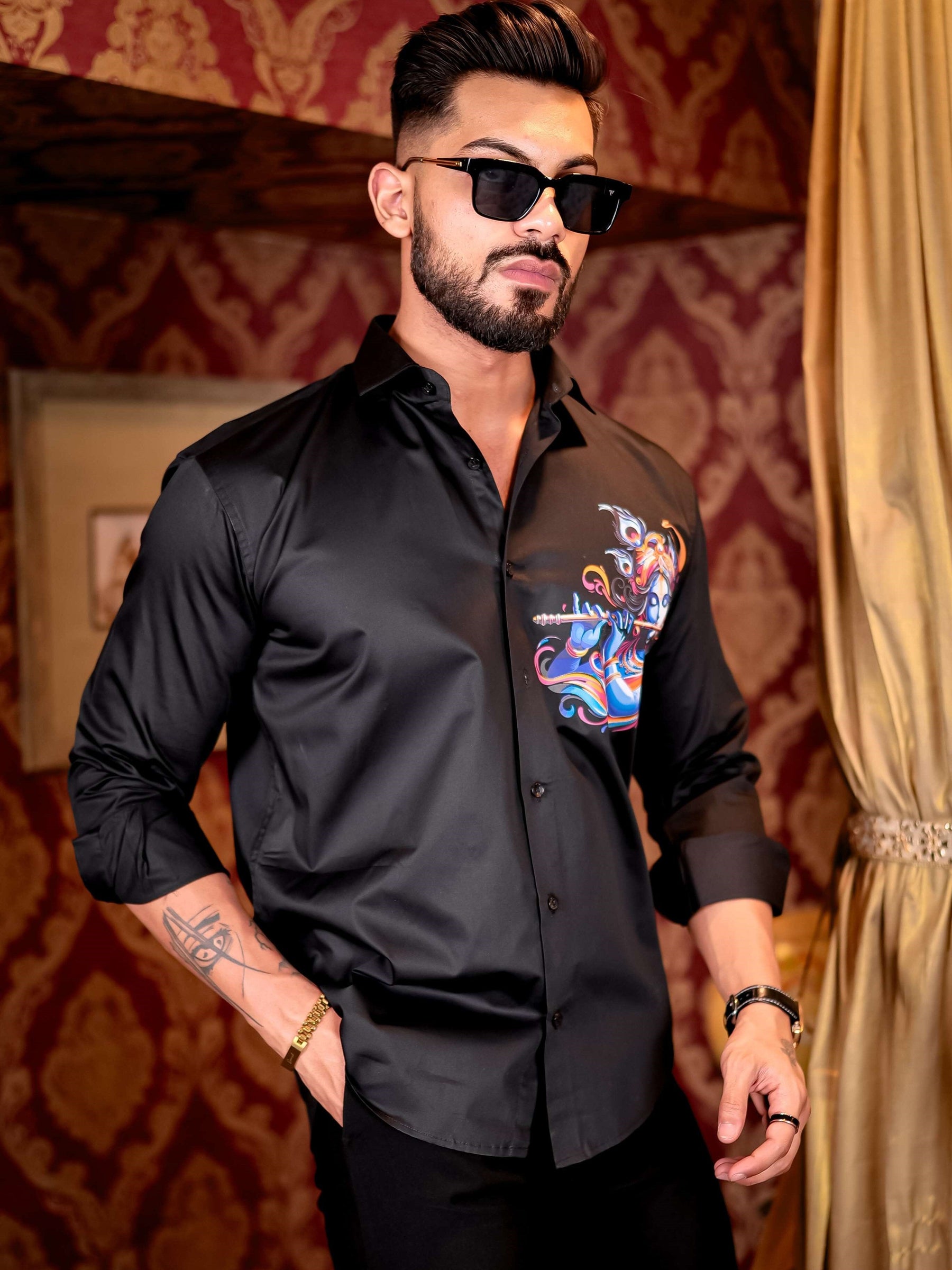 Black Lord Krishna Club Wear Printed Satin Cotton Shirt