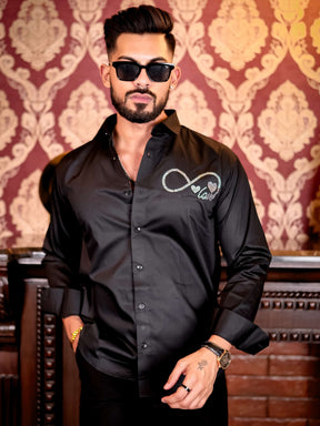 BLACK STARRY BEADED SATIN COTTON PREMIUM PARTY SHIRT