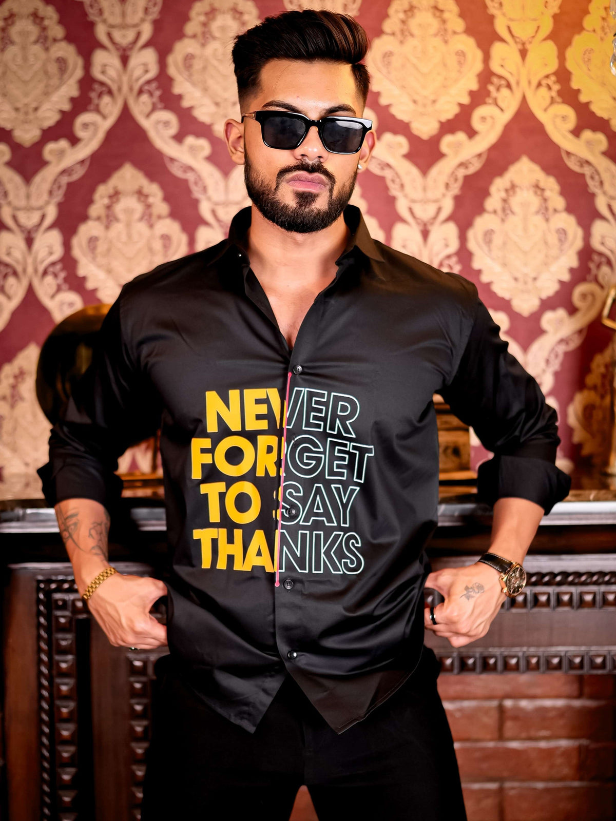 Say Thanks Black Club Wear Printed Satin Cotton Shirt