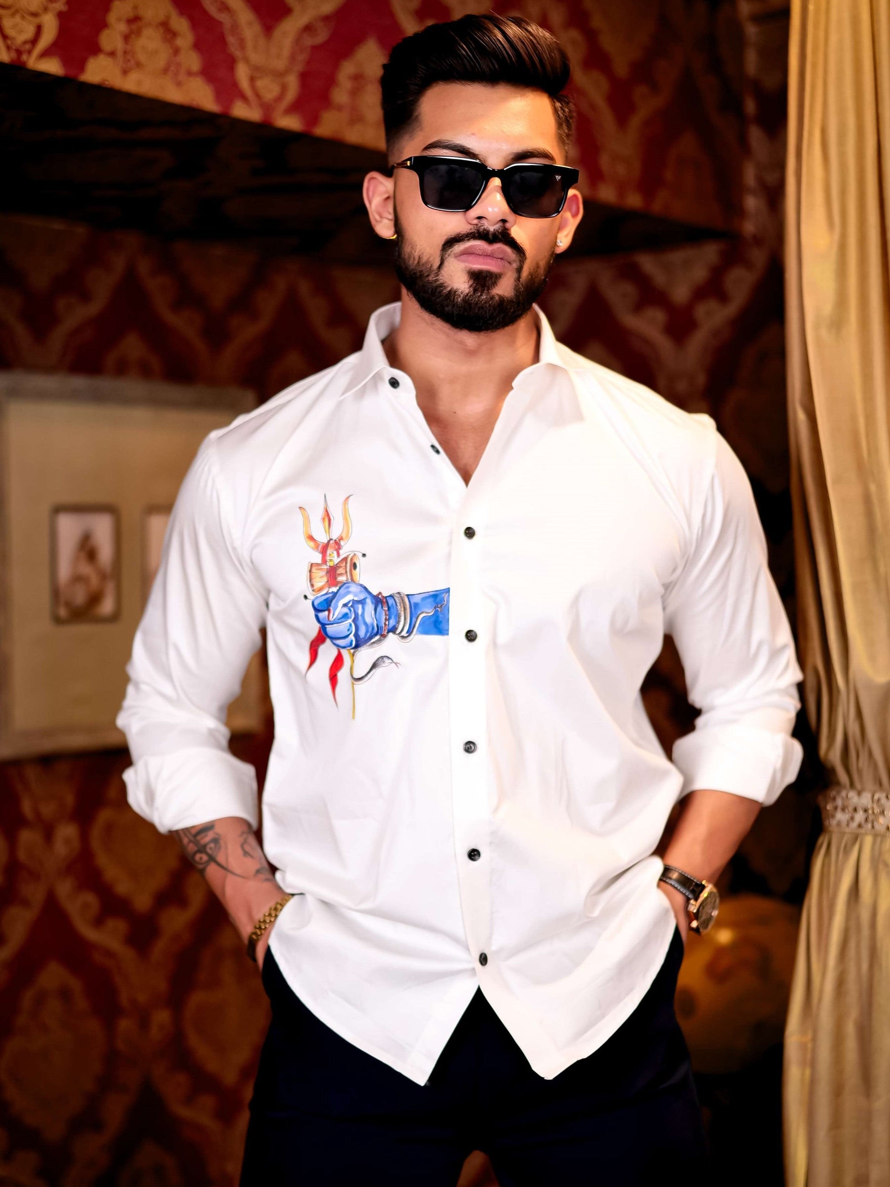 Trishul White Club Wear Printed Satin Cotton Shirt