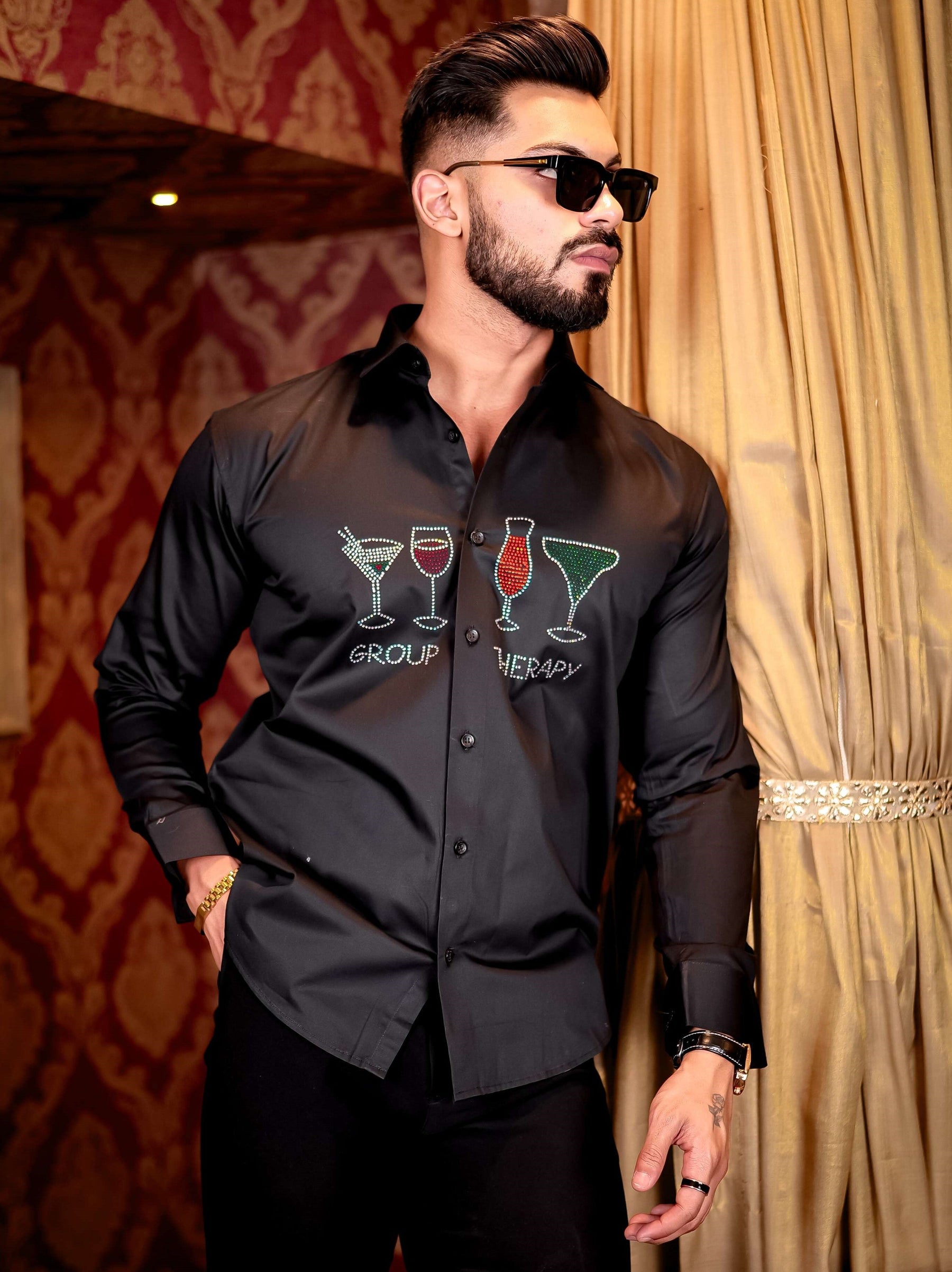 Black Club Wear Starry Beaded Satin Cotton Premium Party Shirt