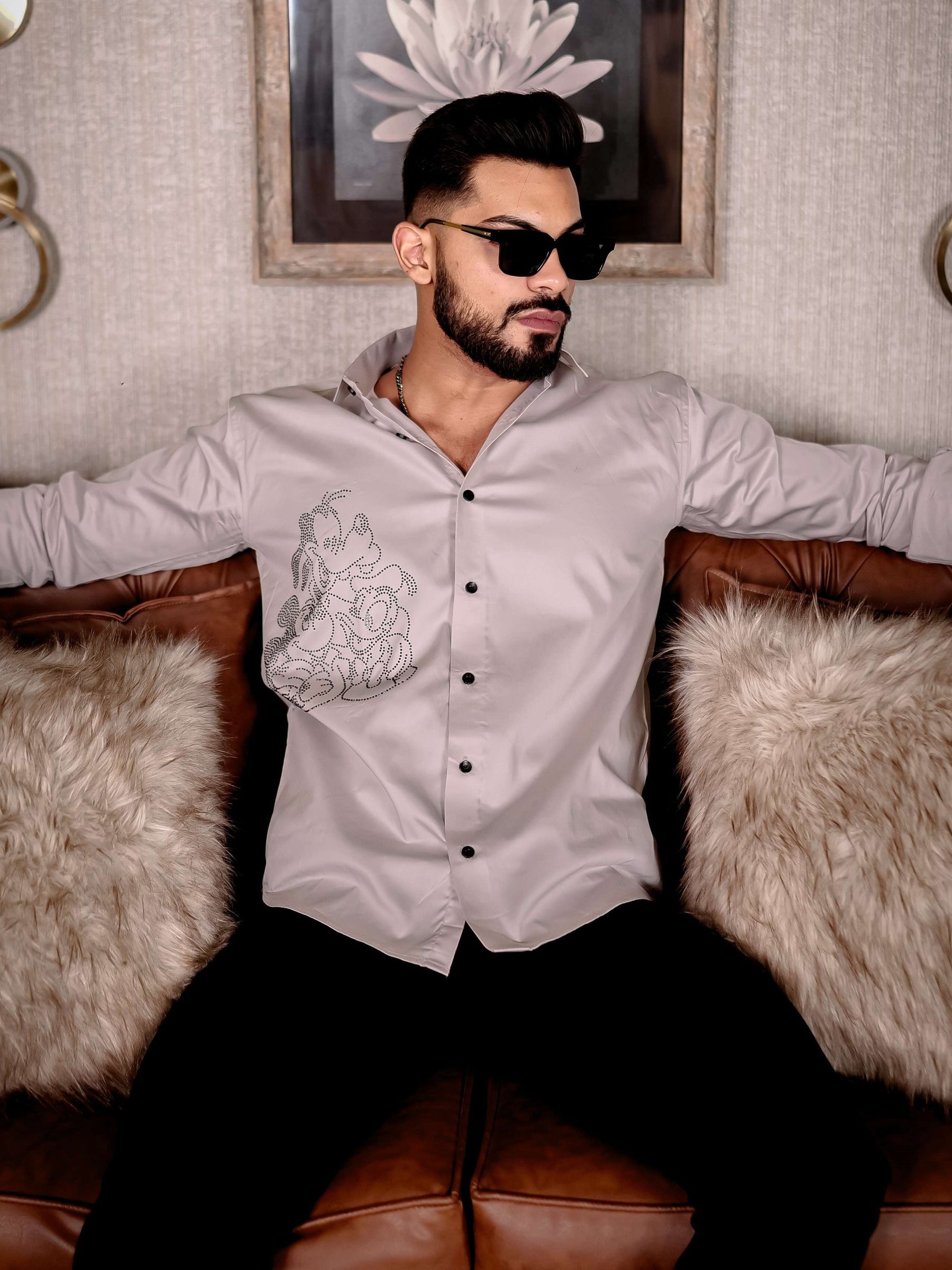 GREY STARRY BEADED SATIN COTTON PREMIUM PARTY SHIRT