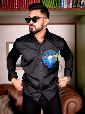 Lord Krishna Black Club Wear Printed Satin Cotton Shirt