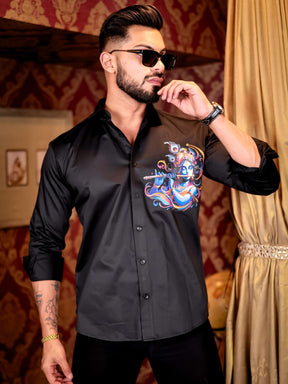 Black Lord Krishna Club Wear Printed Satin Cotton Shirt