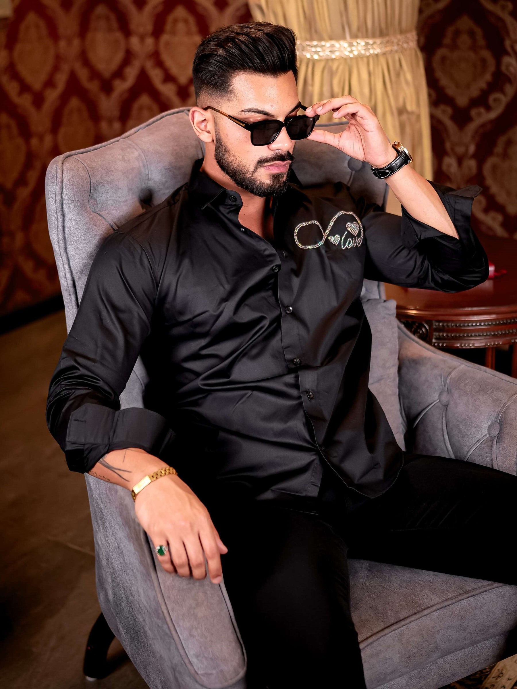 BLACK STARRY BEADED SATIN COTTON PREMIUM PARTY SHIRT