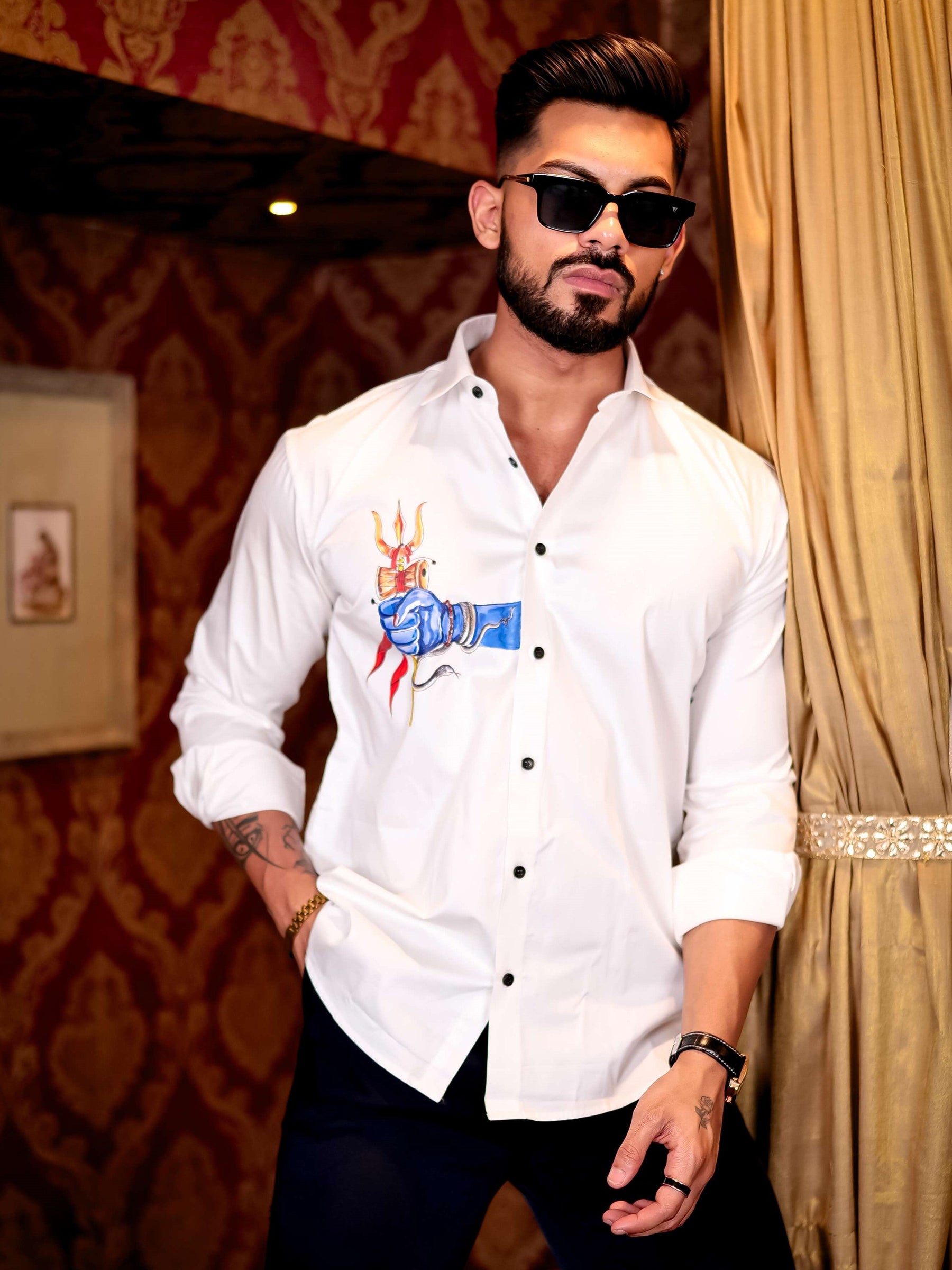 Trishul White Club Wear Printed Satin Cotton Shirt