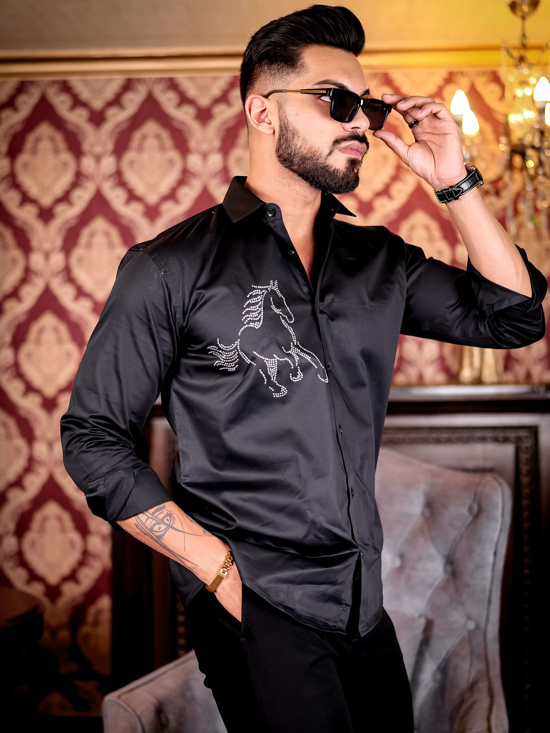 Black Horse Starry Beaded Satin Cotton Premium Party Shirt