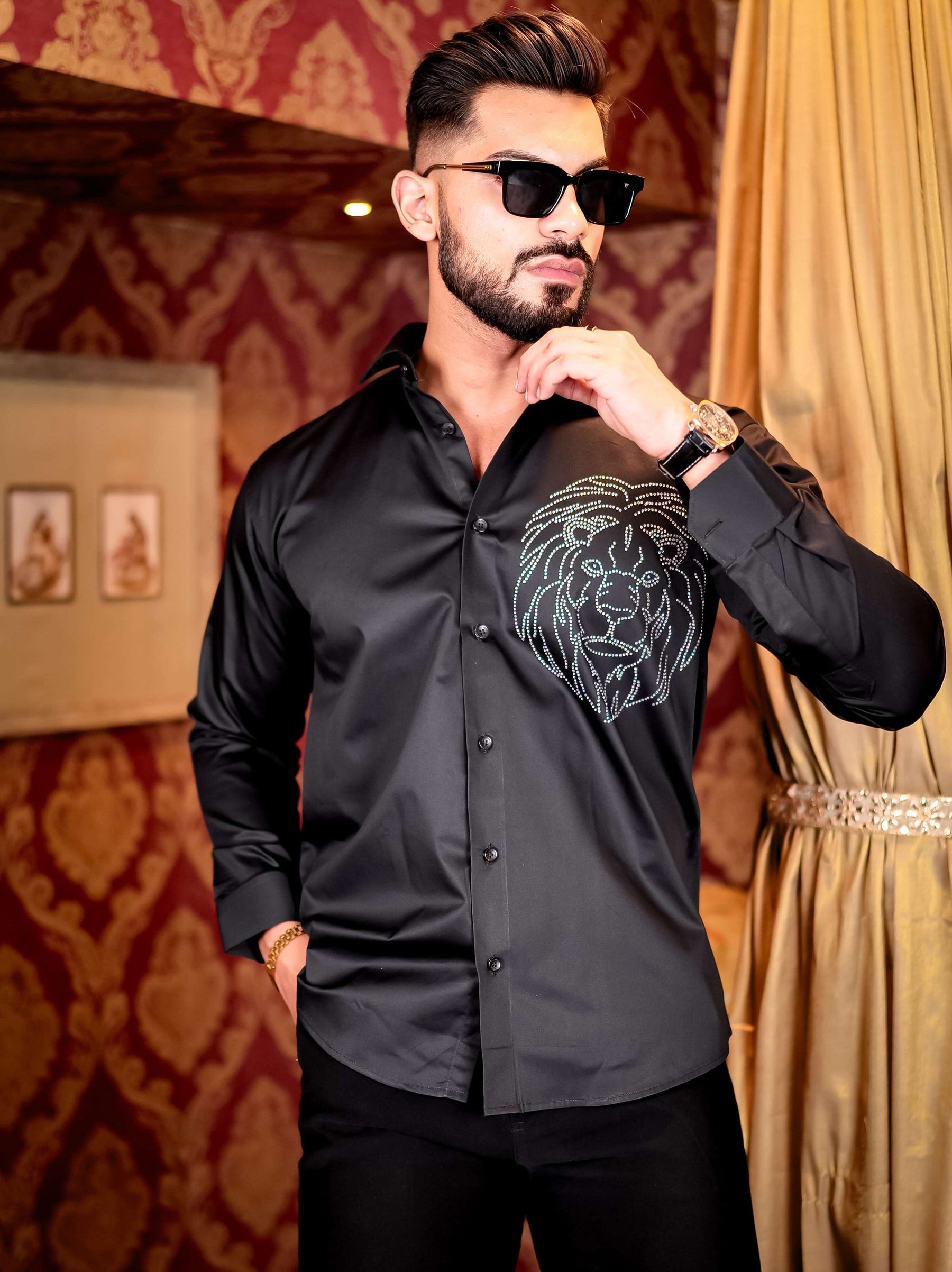 Black Mufasa Starry Beaded Satin Cotton Premium Party Shirt