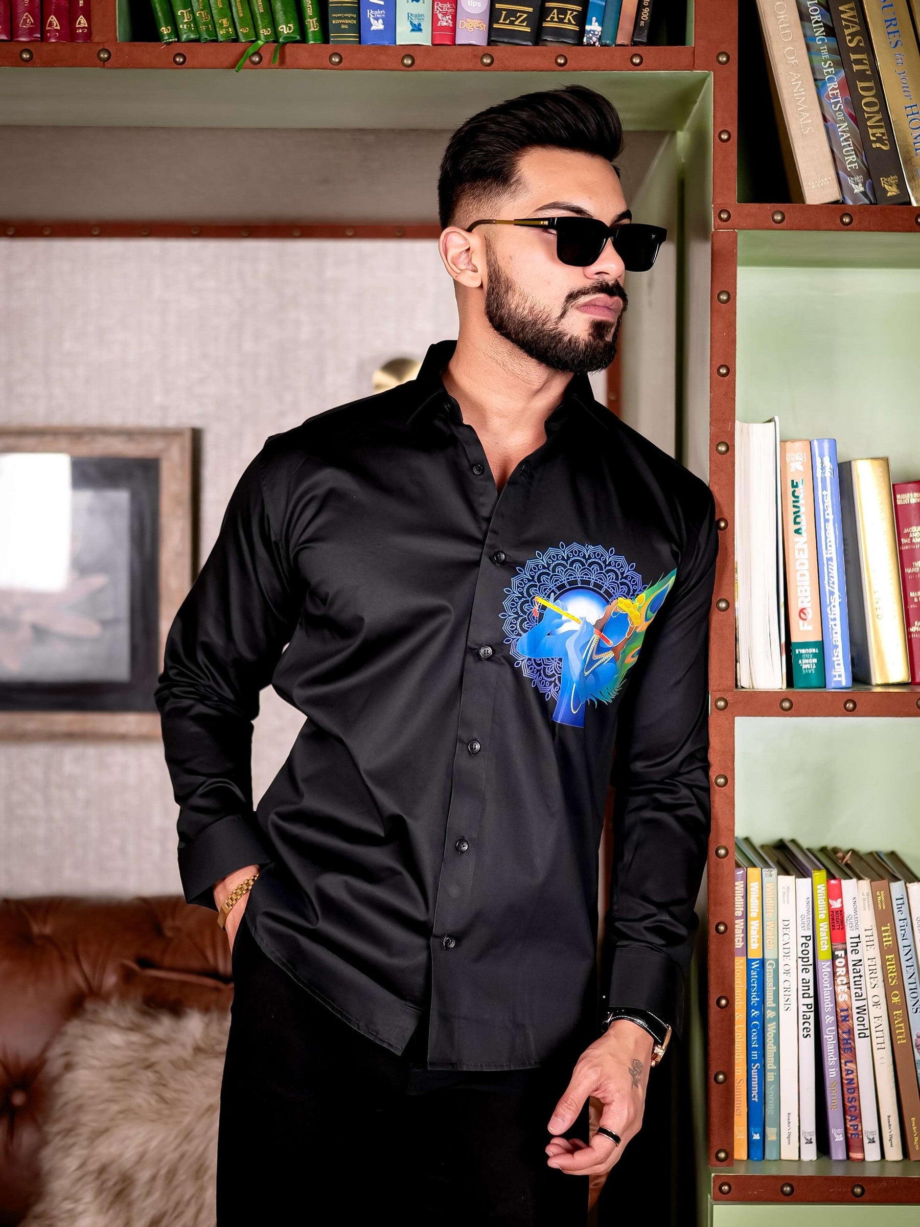 Lord Krishna Black Club Wear Printed Satin Cotton Shirt