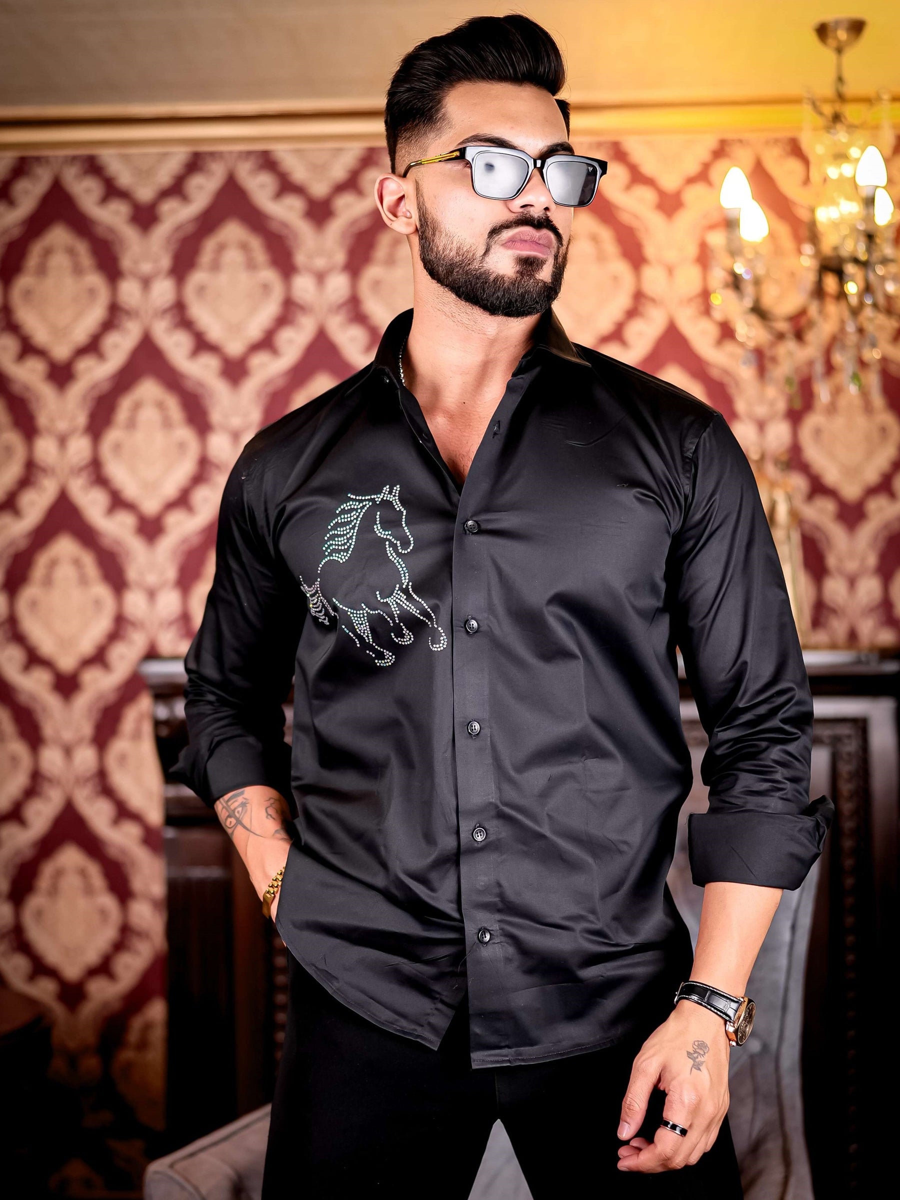 Black Horse Starry Beaded Satin Cotton Premium Party Shirt