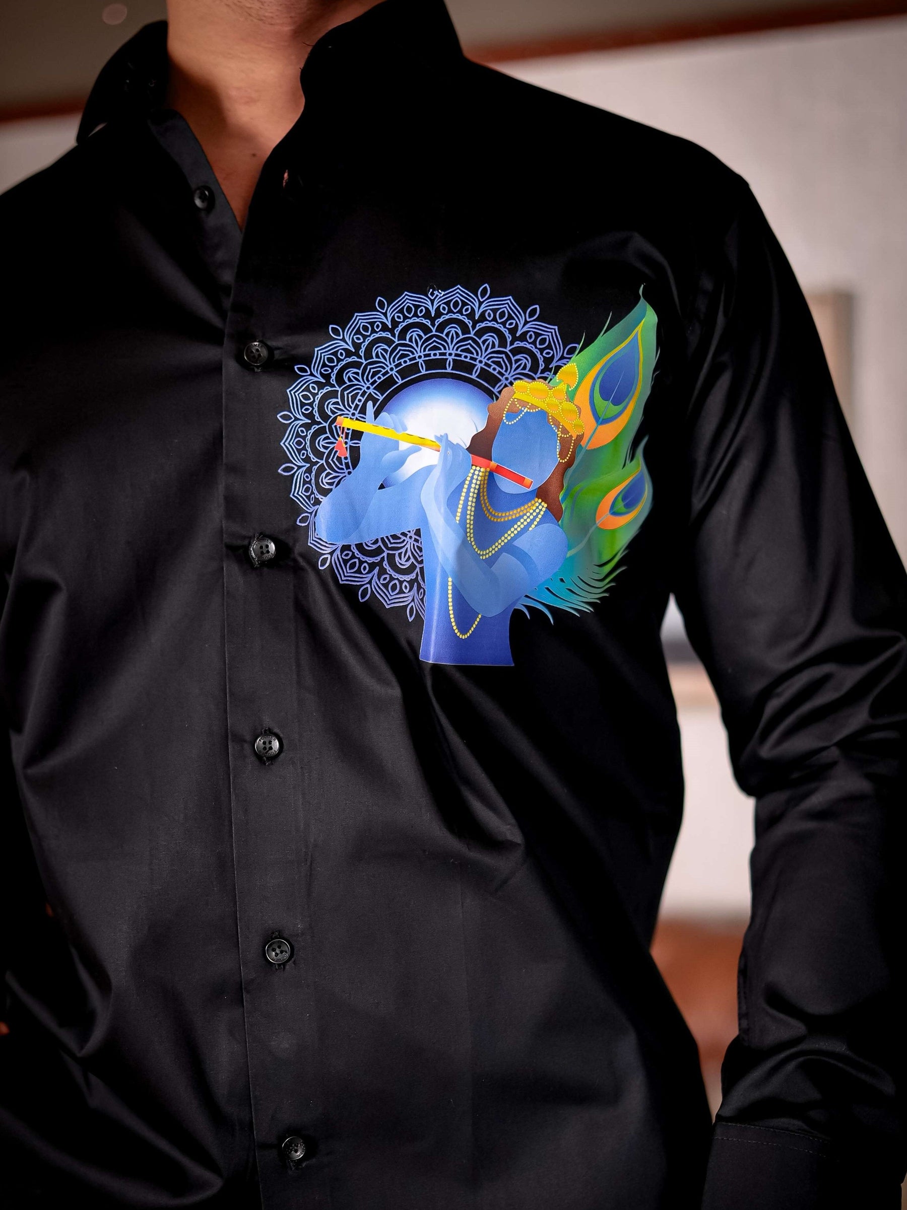 Lord Krishna Black Club Wear Printed Satin Cotton Shirt