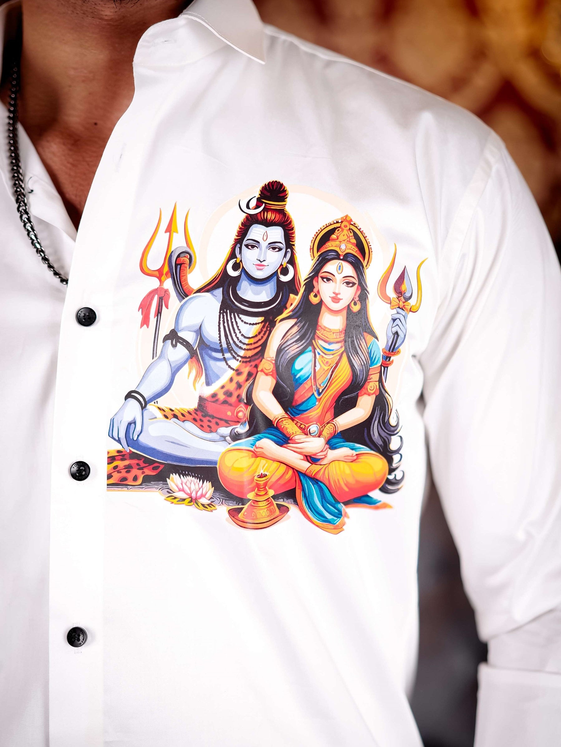 White Lord Adiparashakti Club Wear Printed Satin Cotton Shirt