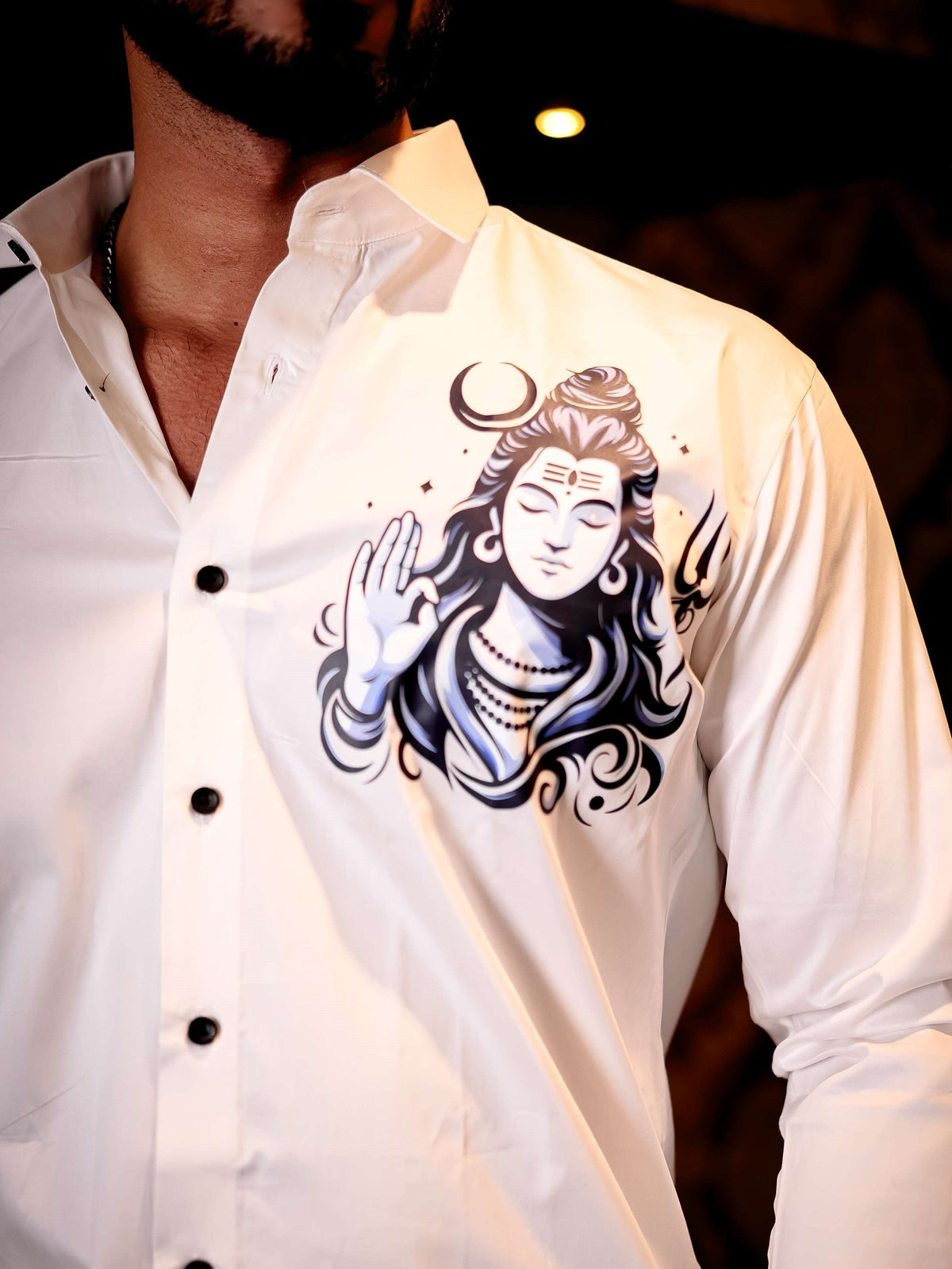 White Lord Shiva Club Wear Printed Satin Cotton Shirt