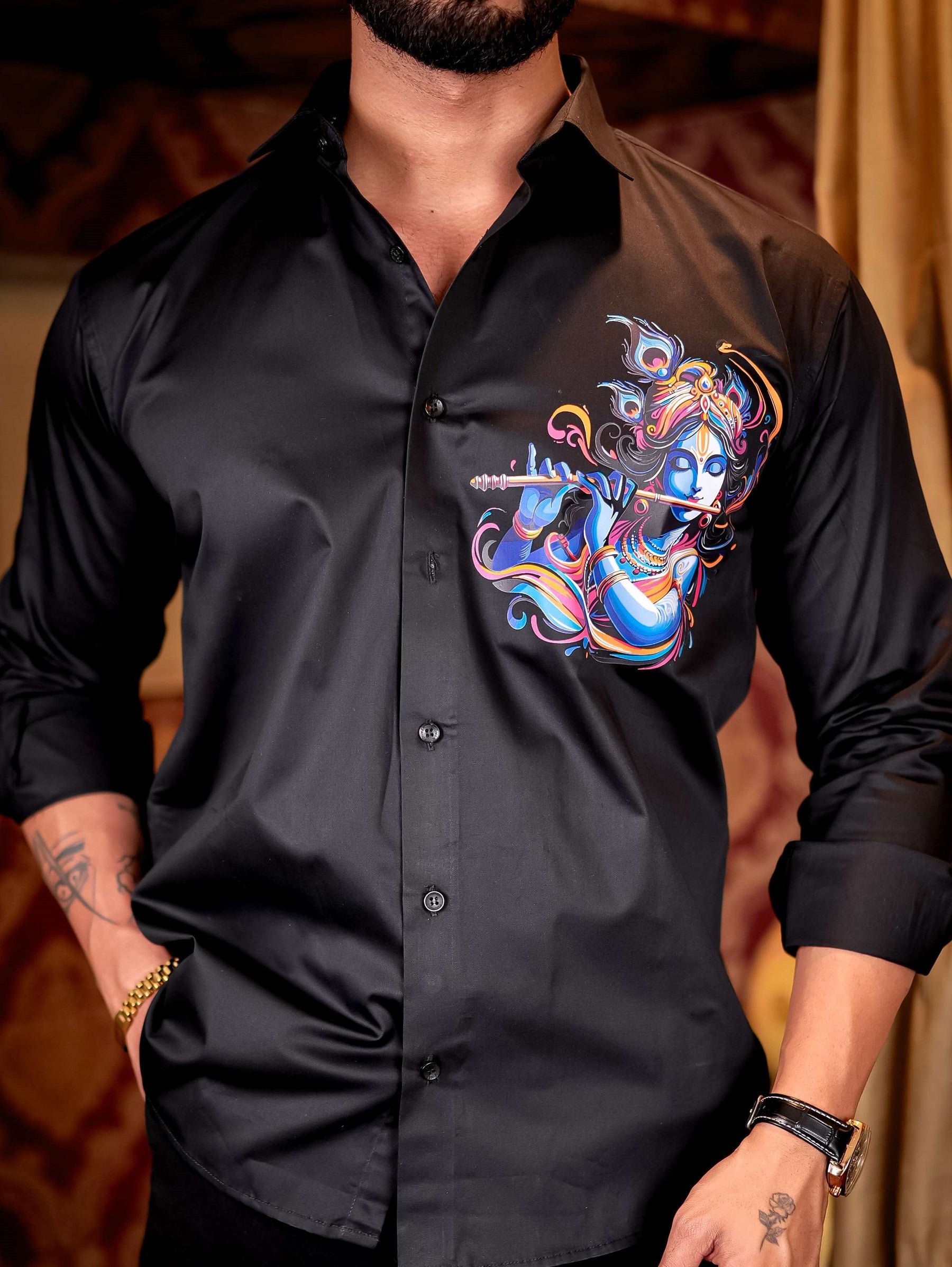 Black Lord Krishna Club Wear Printed Satin Cotton Shirt