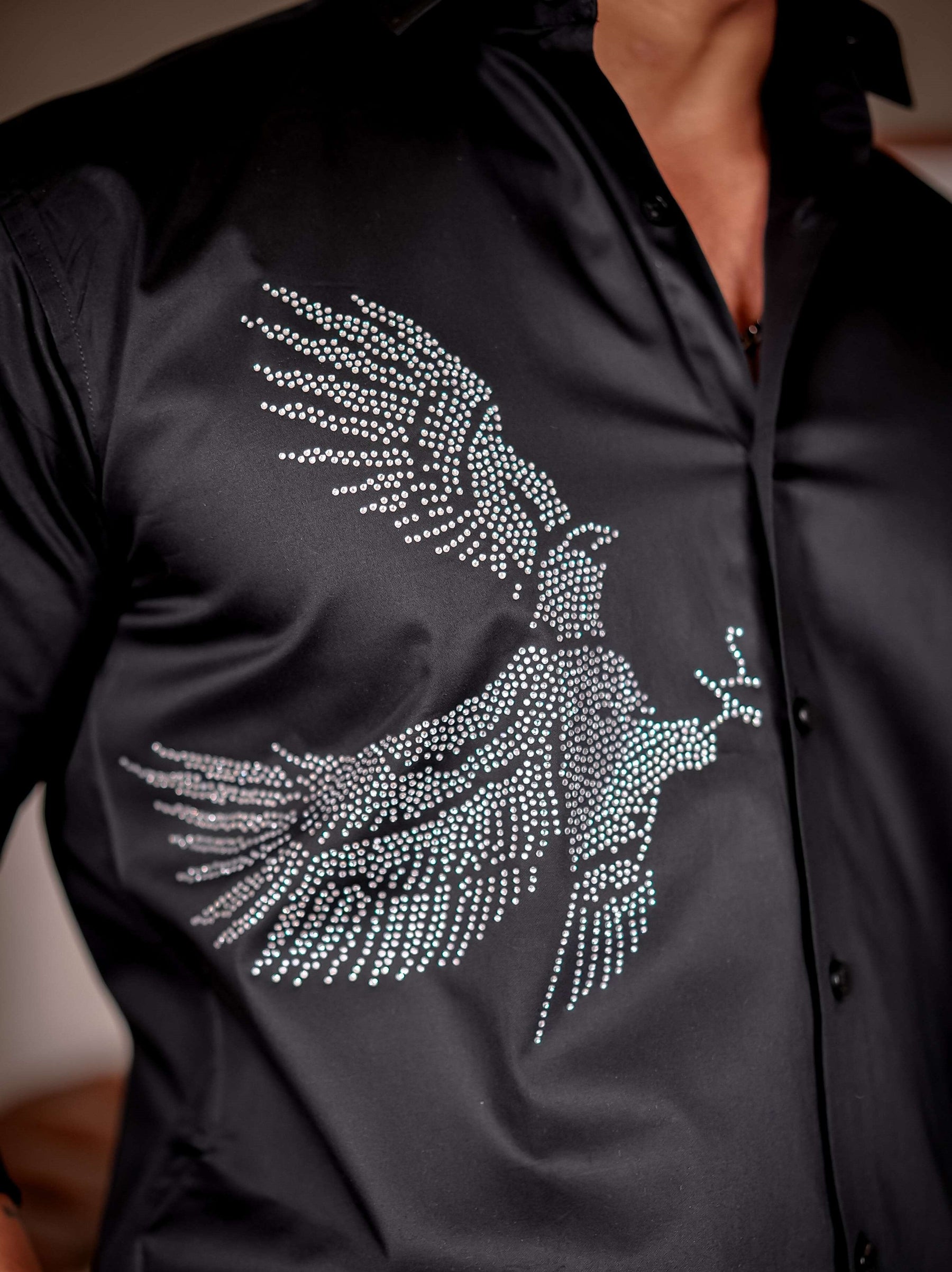 Black Eagle Club Wear Starry Beaded Satin Cotton Premium Party Shirt