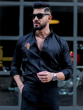 Tiger Embroidered Black Luxury Cotton Shirt