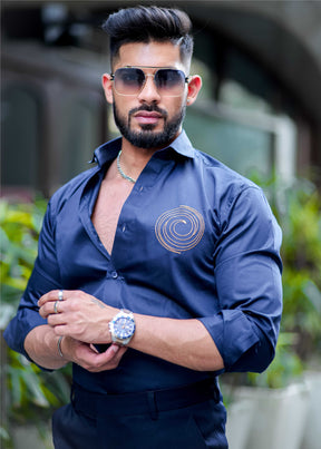 Round Embroidered Navy Premium Shirt For Men