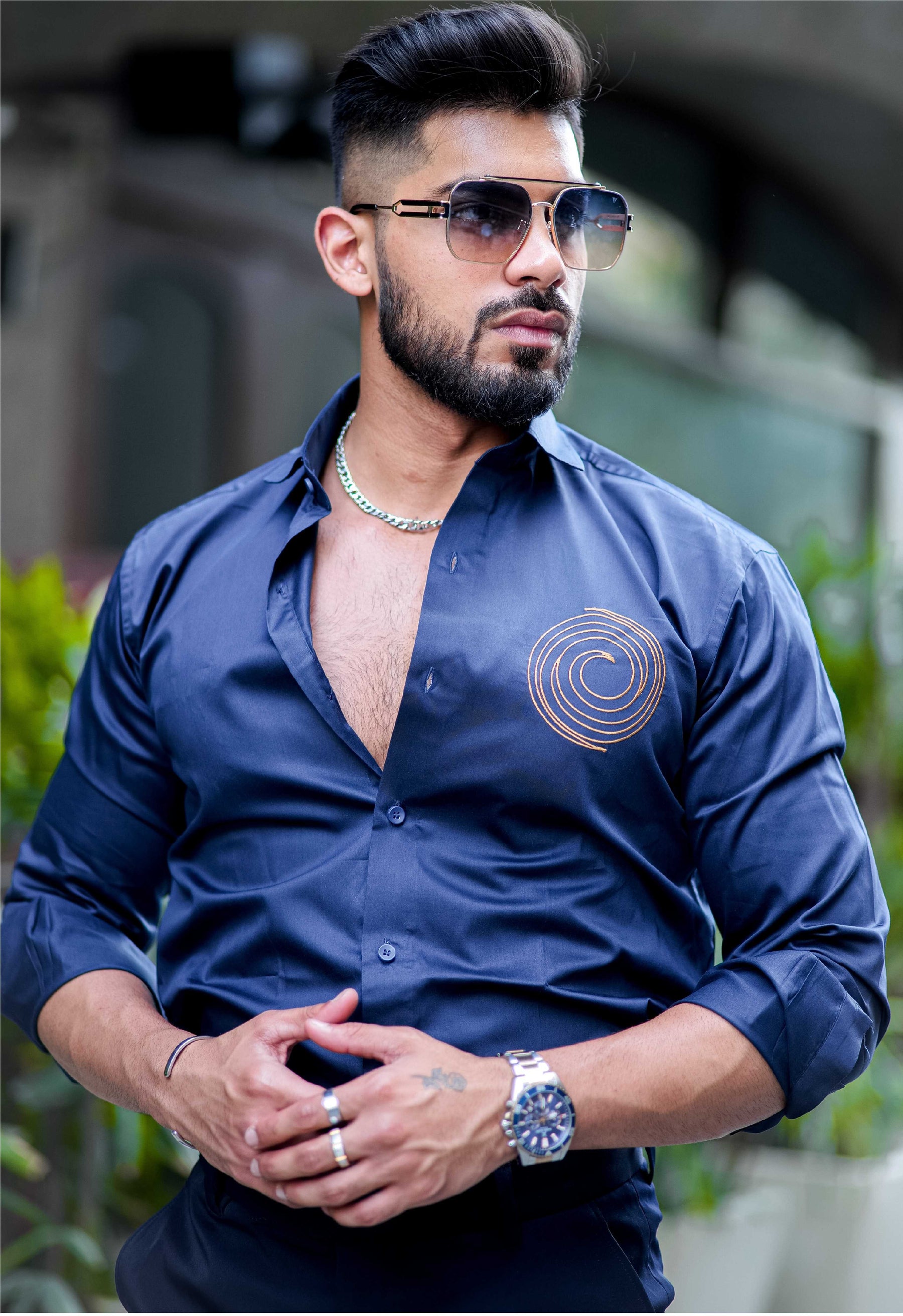 Round Embroidered Navy Premium Shirt For Men