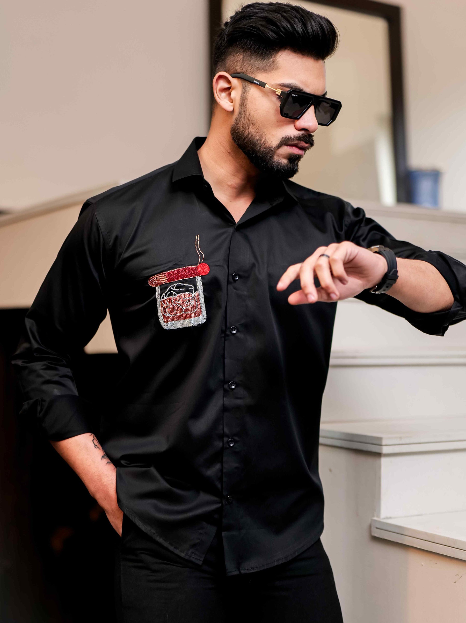 Black Rhinestone Hand Work Satin Cotton Premium Shirt