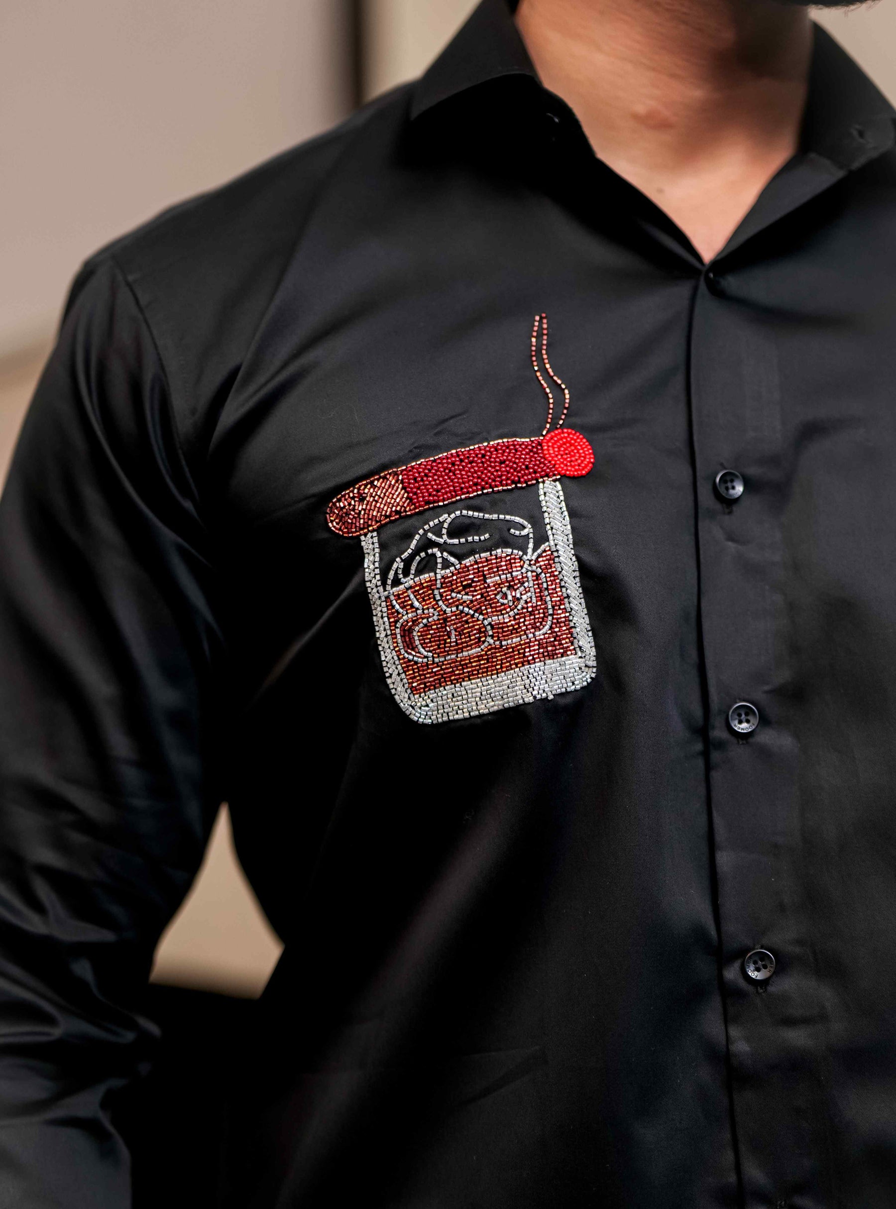 Black Rhinestone Hand Work Satin Cotton Premium Shirt