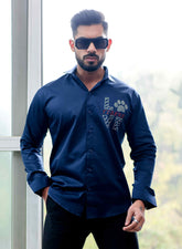 Navy Starry Beaded Satin Cotton Premium Party Shirt