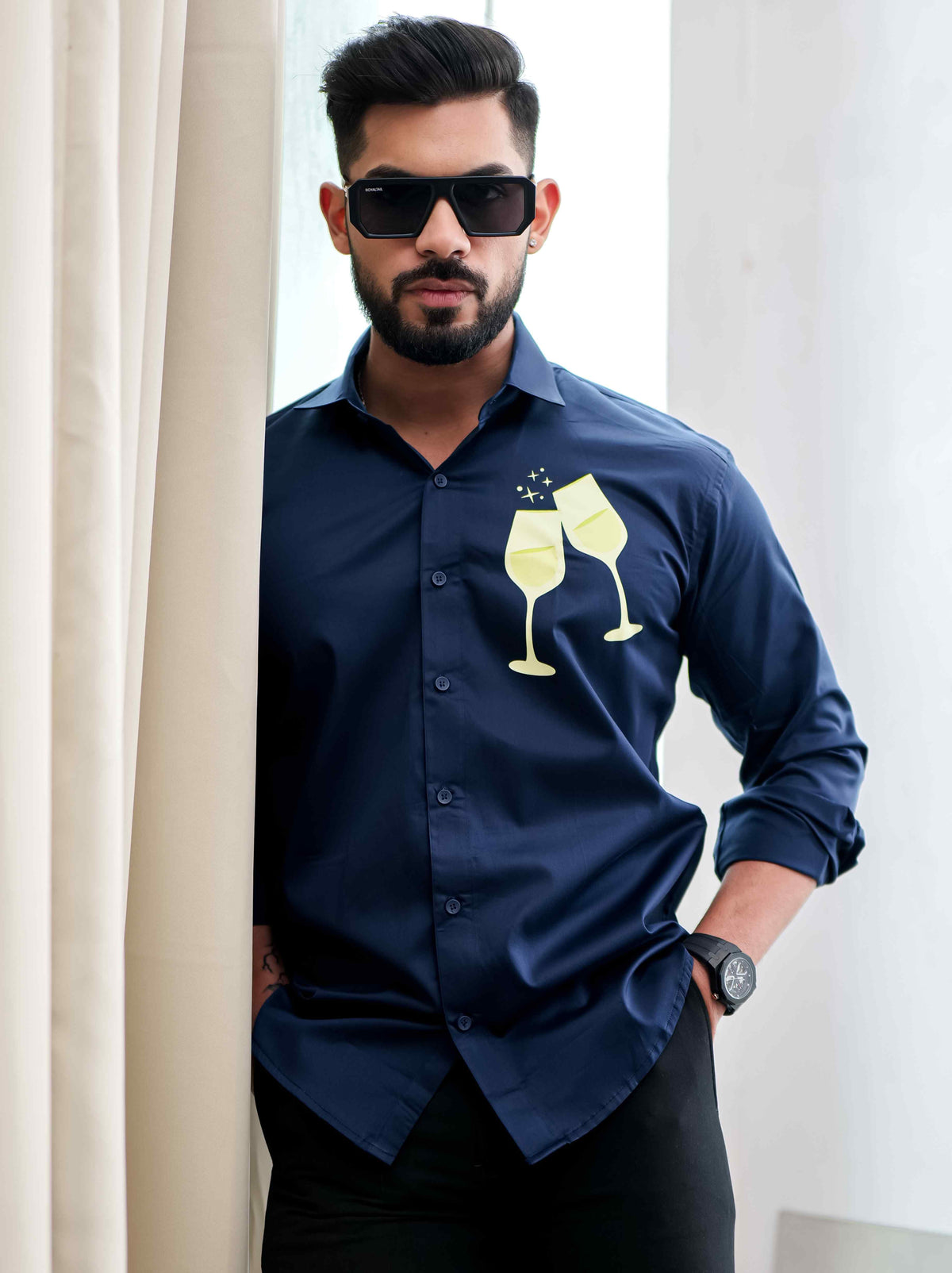 Blue Club Wear Printed Satin Cotton Shirt