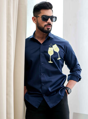 Blue Club Wear Printed Satin Cotton Shirt