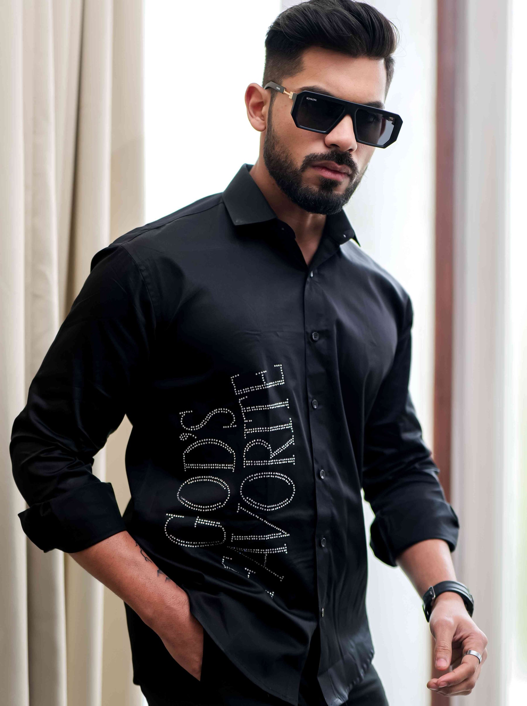 Black Starry Beaded Satin Cotton Premium Party Shirt