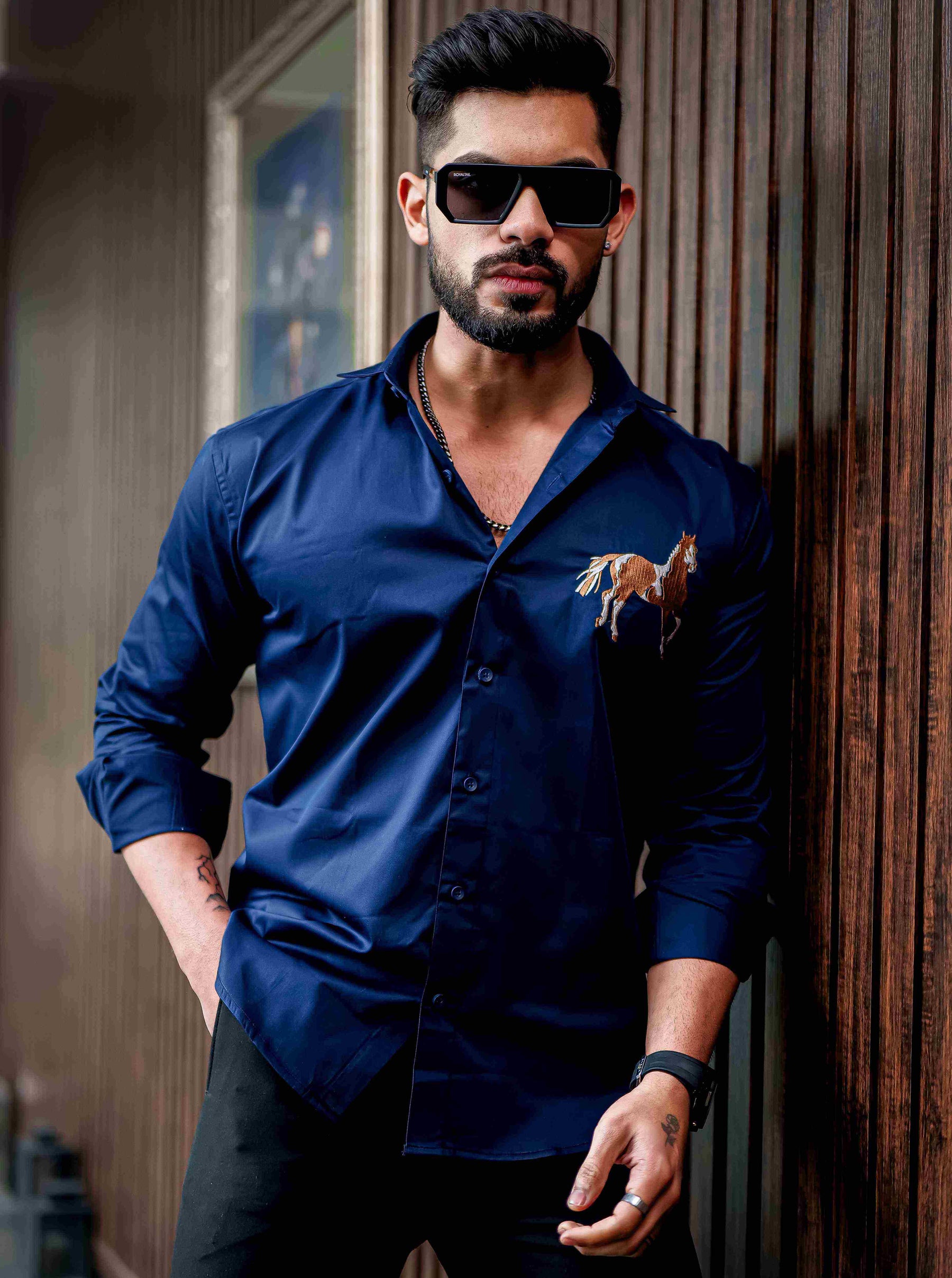 Horse Golden Embroidered Blue Premium Shirt For Men