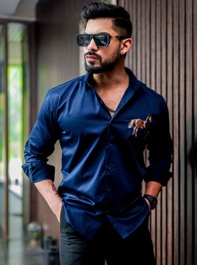 Horse Golden Embroidered Blue Premium Shirt For Men