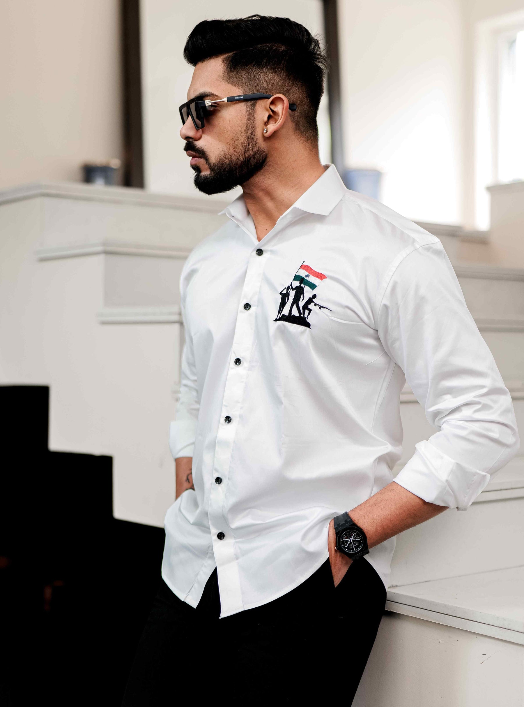 White Indian Flag Embroidered Satin Cotton Shirt