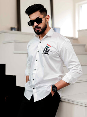 White Indian Flag Embroidered Satin Cotton Shirt