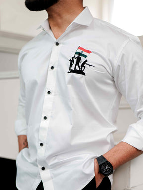 White Indian Flag Embroidered Satin Cotton Shirt